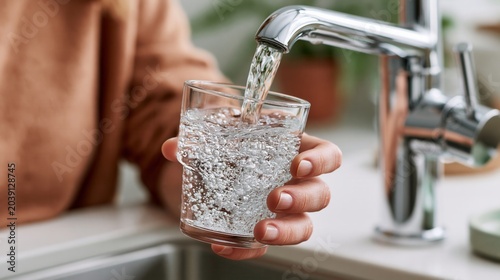 Close up of hand holding a glass filling with fresh tap water in the kitchen.