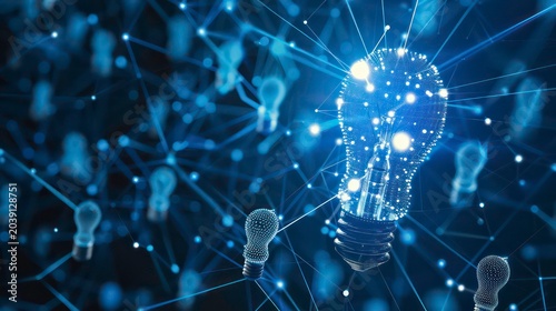 A glowing light bulb is connected to other light bulbs by a network of lines and dots, suggesting the flow of information and ideas.