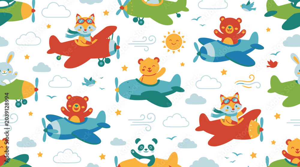 Obraz premium Colorful cartoon bear in airplane.