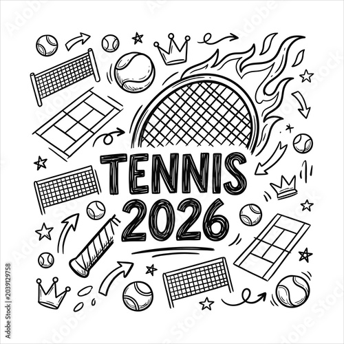 Tennis 2026 illustration with rackets balls and crowns and, tennis 2026, us open tennis 2026, us open tennis, tennis poster design,  Wimbledon Championships