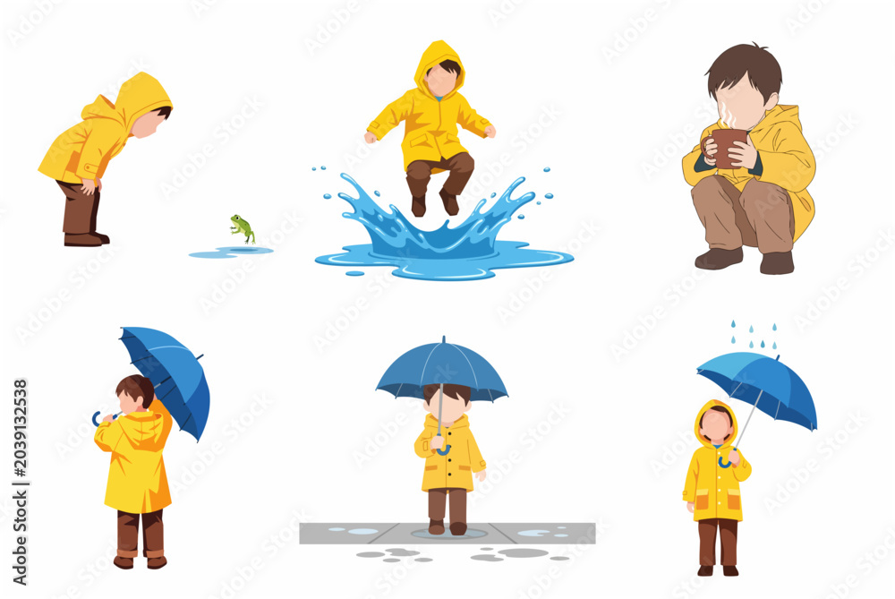 Obraz premium Vector illustration set of a little boy in a yellow raincoat enjoying rainy day activities like jumping in puddles and holding an umbrella