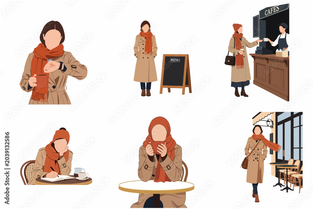 Fototapeta premium Vector illustration set of a woman in autumn trench coat and scarf at a cafe, ordering coffee, writing, and checking time