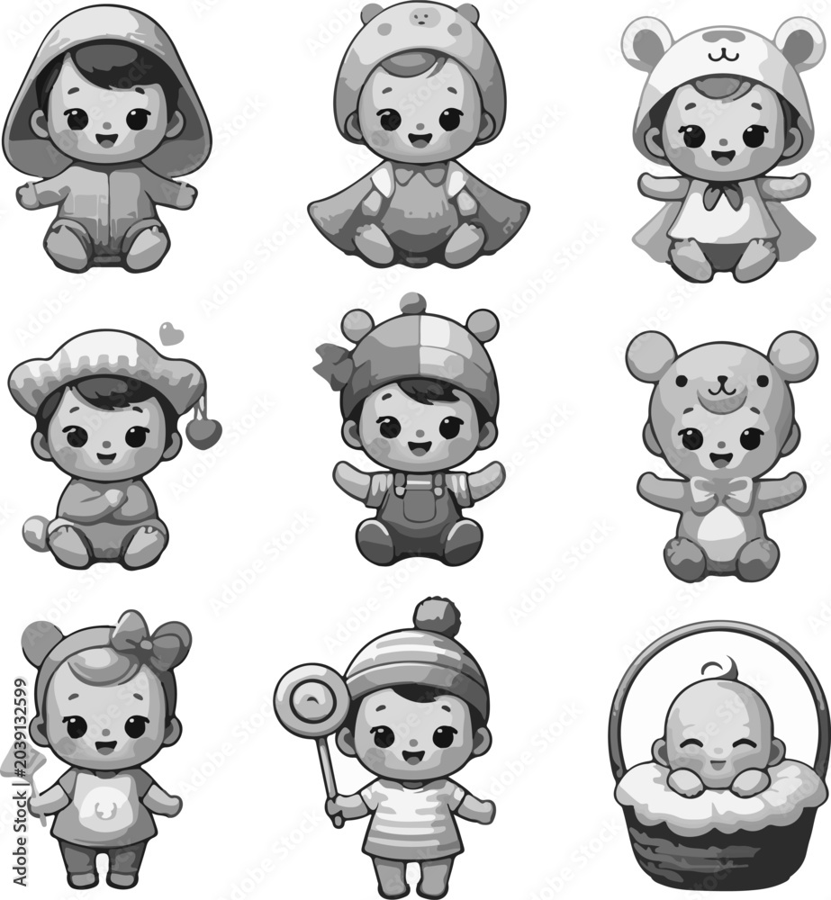 Obraz premium Extremely Detailed Vector Icon Set of Adorable Baby Face and Happy Smiling Child Characters for Funny Nursery Branding and High-Quality Logo Simbol Assets 