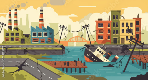 Foto Polluted cityscape with damaged buildings and sunken ship illustration