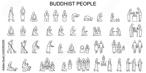 Tableau sur toile Buddhist monk and worshipper CAD people set