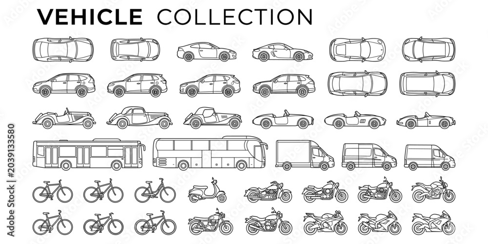 Fototapeta Urban transport architecture drawing set with vehicle elevations, top view cars, classic auto, SUV, bus, scooter and bicycle vector illustration