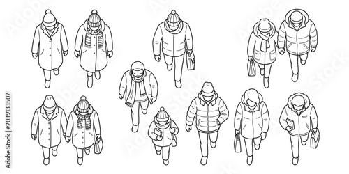 Foto Overhead winter pedestrians vector illustration, architectural top view people w