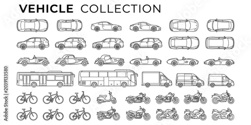Fotografía Urban transport architecture drawing set with vehicle elevations, top view cars,
