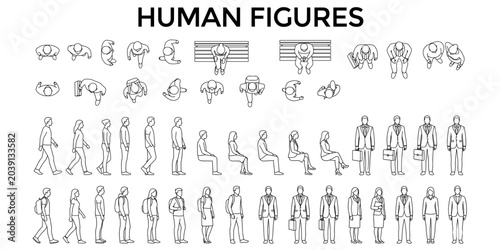 Architectural human figure CAD blocks with people top view plans, side elevations, walking sitting standing business person vector illustration