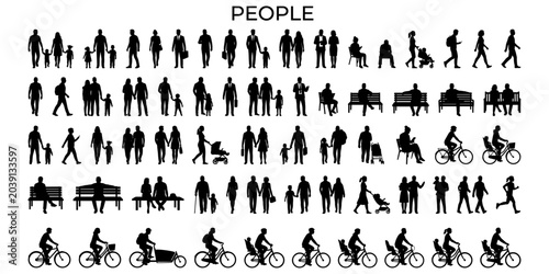 Black architectural people silhouette set for elevation, site planning, urban scale figures, walking, sitting, cycling, family and crowd vector illustration