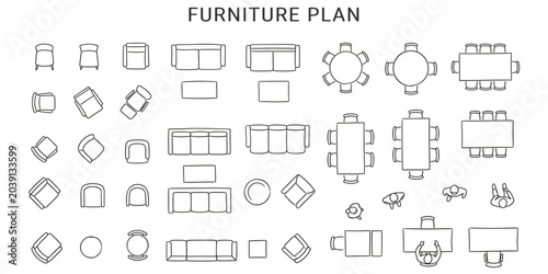 Architectural furniture and people floor plan vector illustration. Top view interior layout with chairs, sofa, tables, human figures and design elements