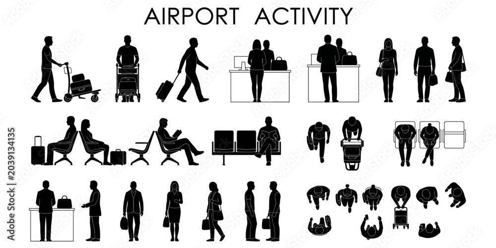 Obraz premium Airport people silhouette vector set. Travelers with luggage trolley, waiting area seating, check-in counter figures for floor plans