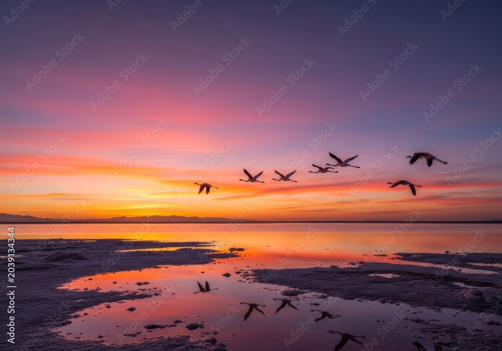 Naklejka premium Majestic waterfowl soar across a vast alkaline lake during a vibrant sunset, casting orange reflections on the still water and pink salt, peaceful, aquatic, sunset