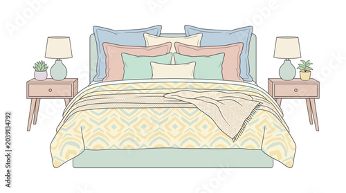 A cozy bedroom scene with a neatly made bed featuring a yellow and blue comforter surrounded by pillows and two wooden nightstands with lamps.