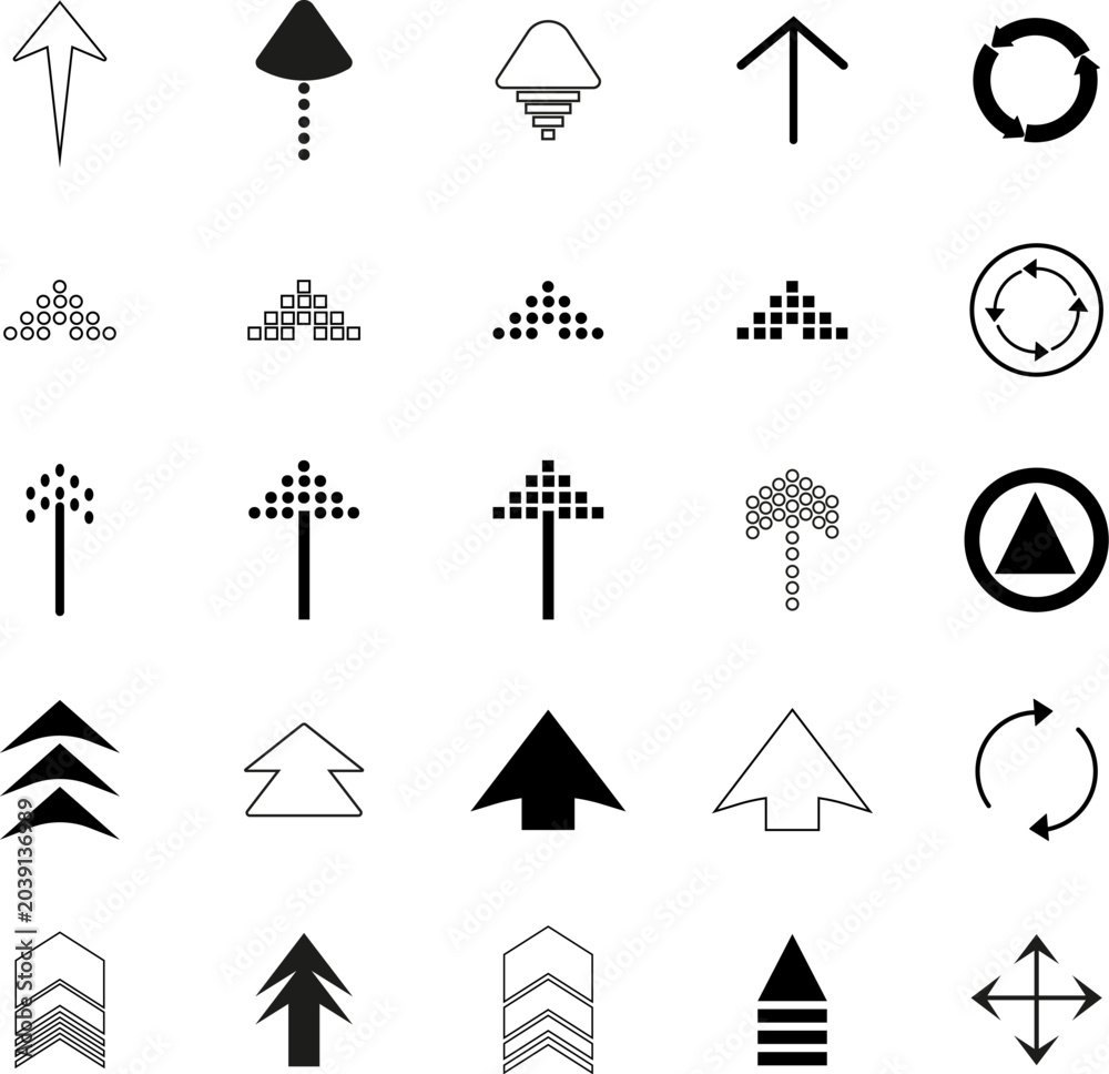 Fototapeta premium Collection of minimal arrow icons in black style featuring multiple directions, shapes and variations. Includ navigation arrows, upload, download, rotate and pointer symbols suitable for user