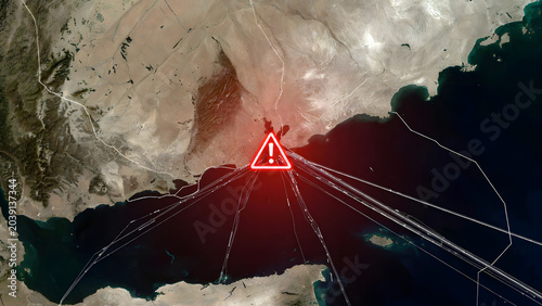 Satellite view of the Strait of Hormuz with a red warning symbol and digital lines. Concept of geopolitical tension, oil supply risks, maritime security, and global trade instability in the Gulf.