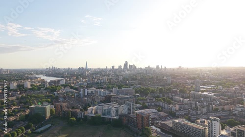 Evening Aerial View Over London and River Thames at Golden Hour