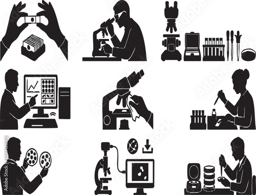 Bild auf Leinwand Microscopy and histology laboratory research silhouettes icon set; featuring sci