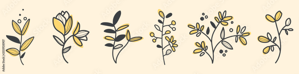 Fototapeta premium Vector illustration of abstract floral designs in yellow and gray tones.