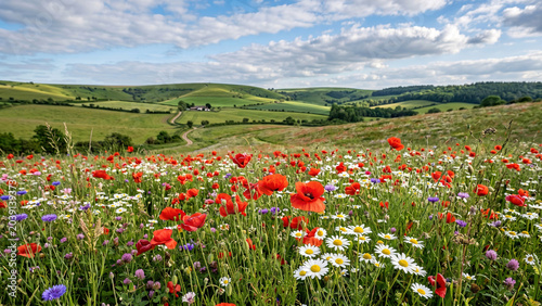 Vibrant Wildflower Meadow in Rolling Green Hills Under Sunny Sky with Clouds