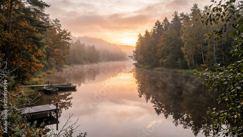 Misty Sunrise Over Calm Forest Lake with Reflections and Fog at Dawn