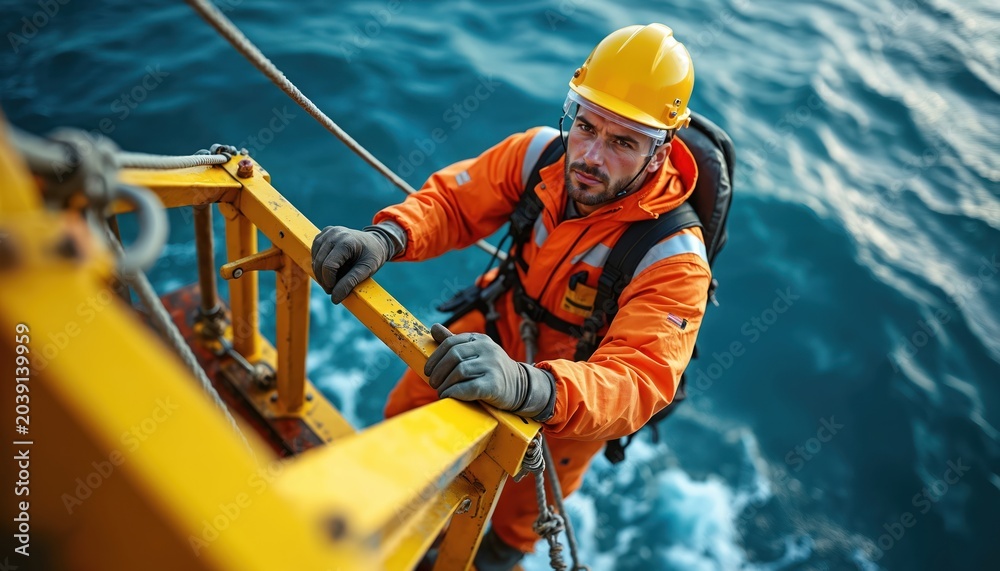 Obraz premium Man in orange safety suit climbs yellow ladder on ocean platform. Worker wears hard hat and gloves on rough blue sea background. Nautical industry job safety.