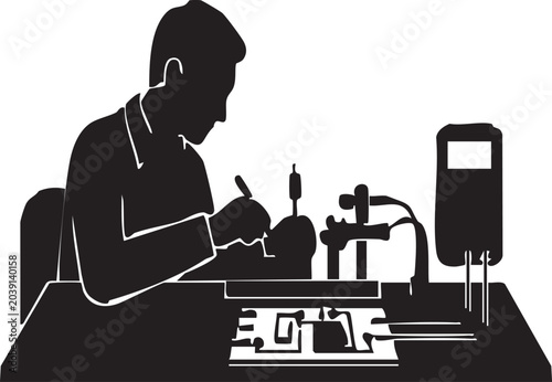 Bild auf Leinwand Silhouette of an electronics researcher assembling a circuit board setup to meas
