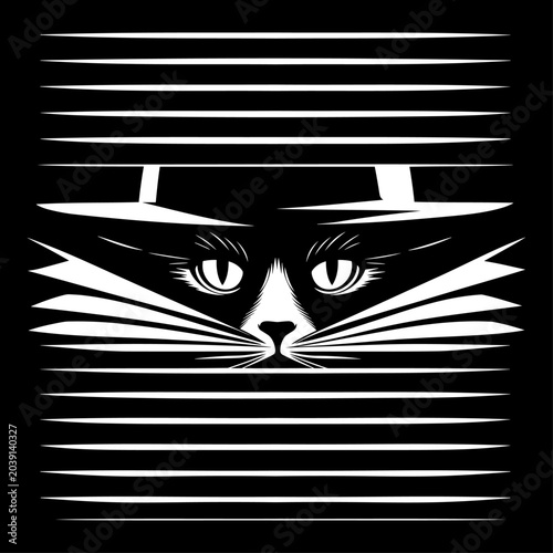 Tableau sur toile Detective Cat Peeking Through Venetian Blinds - Black and White Vector Illustrat