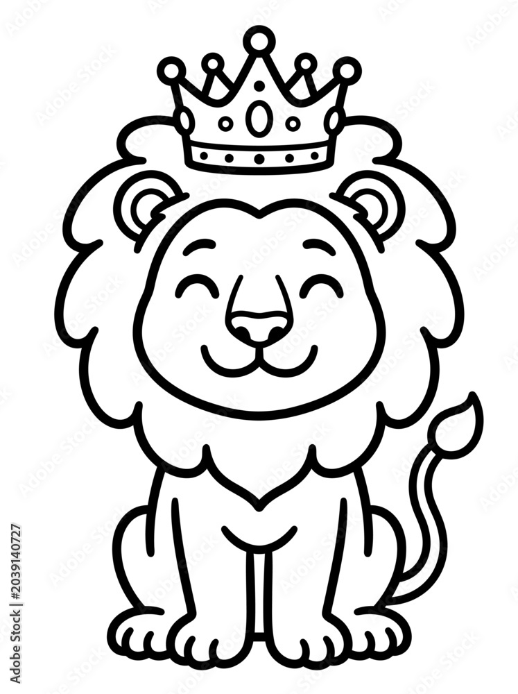 Fototapeta premium Cute smiling cartoon lion wearing a crown coloring page for kids