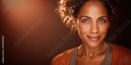 Portrait of a african american woman around 40 years old, smiling warmly, friendly and approachable expression, everyday person