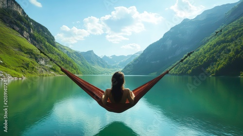 Woman relaxing in a hammock overlooking a mountain lake.