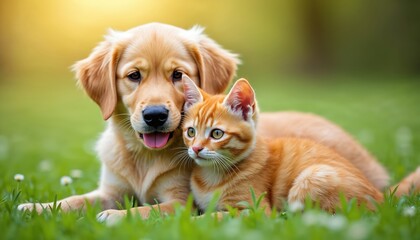 Golden retriever pup and orange kitten repose on green grass. Young dog and cat lay close together in meadow. Adorable pets rest outdoor in spring sunshine. Animals share peaceful moment.