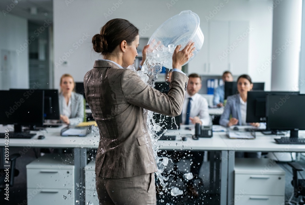 Naklejka premium Stressed businesswoman pouring a bucket of ice water over herself in an open space office during extreme heat while shocked colleagues watch. Broken air conditioner concept