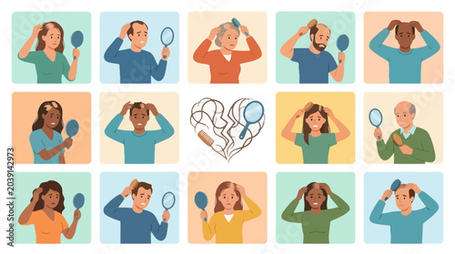 Vector Icons Flat vector illustration set of diverse people experiencing hair loss and checking mirrors. EPS Editable