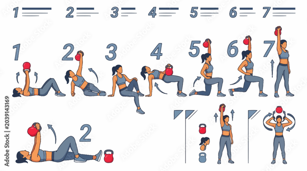 Fototapeta premium Vector Icons Step by step guide vector illustration of a woman performing the turkish get up exercise with a kettlebell. EPS Editable