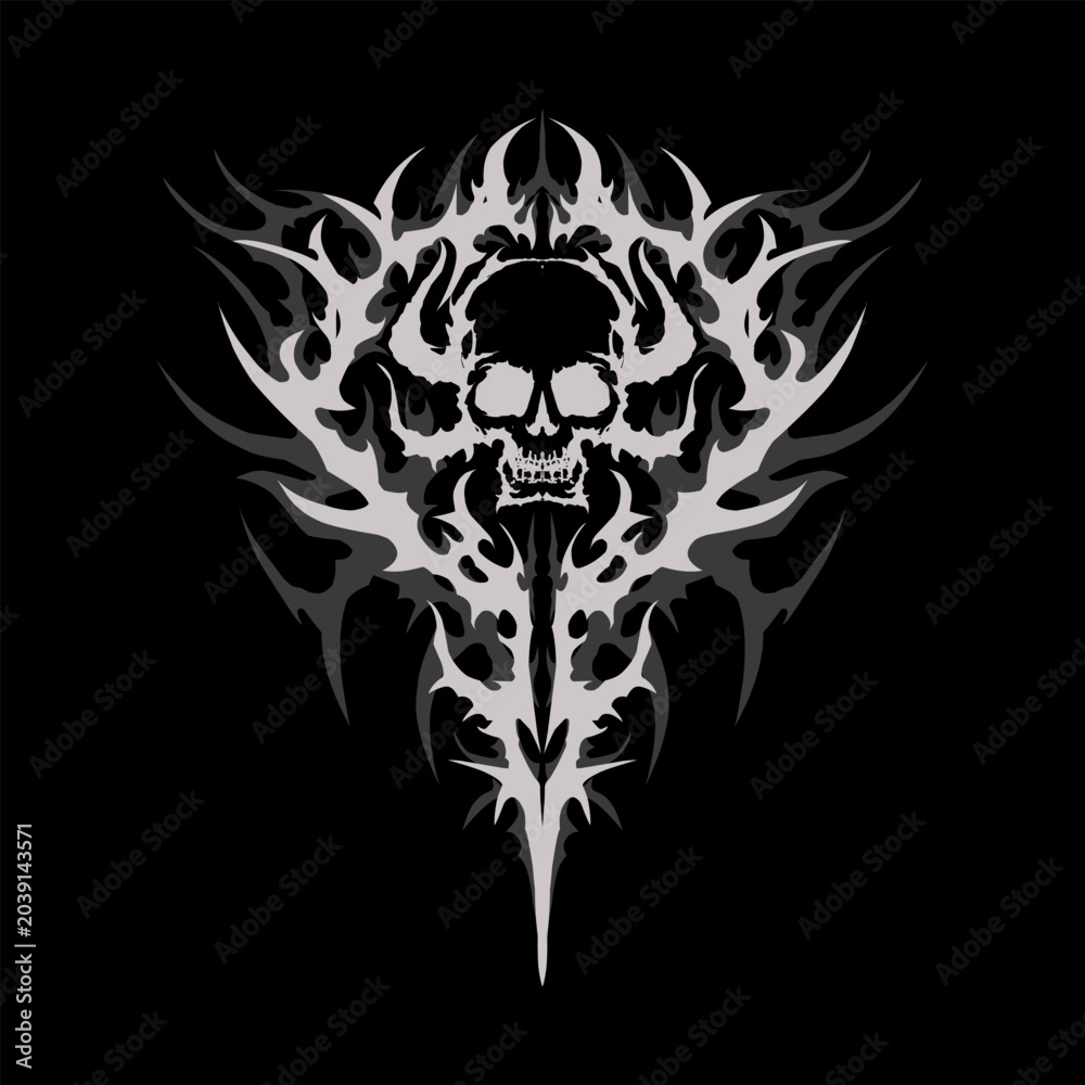 Fototapeta premium Neo tribal cyber gothic skull abstract shapes blackwork styles vector design for tattoo, streetwear, dark fantasy aesthetics