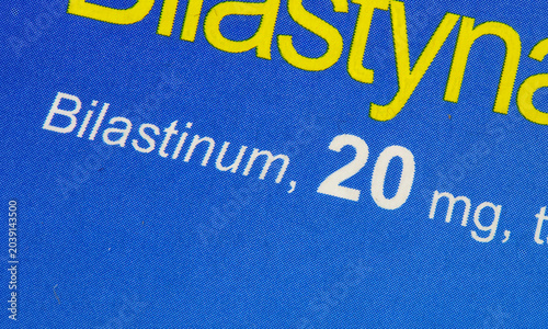 Photography Macro close-up of blue allergy medicine package showing Bilastinum 20 mg text, a