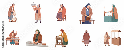 Tableau sur toile Elderly Woman Selling Fresh Farm Eggs Character Set Illustration