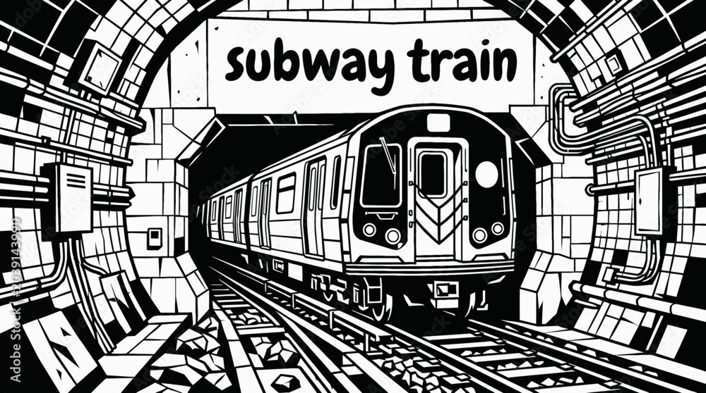 Αυτοκόλλητο subway train entering new york underground black and white tunnel urban transpor