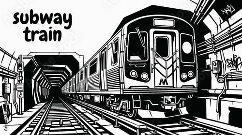 Tableau sur toile subway train entering new york underground black and white tunnel urban transpor