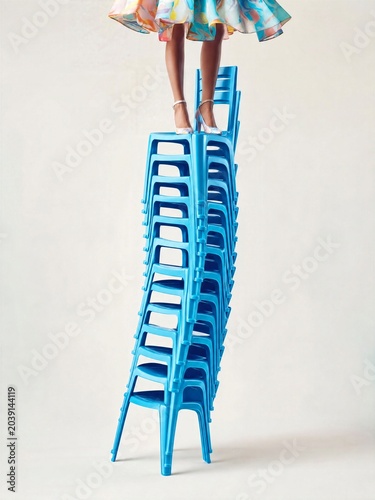Surreal fashion concept of a woman balancing on stacked blue chairs, minimalist studio scene, creative composition and modern artistic aesthetic.
