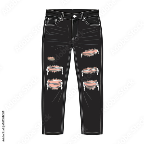 Fotografía Distressed Black Denim Jeans with Ripped Knees and Light Pink Underlay