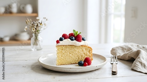 Minimalist sponge cake slice with whipped cream and berries, Scandinavian bakery aesthetic, clean white background, soft daylight photography