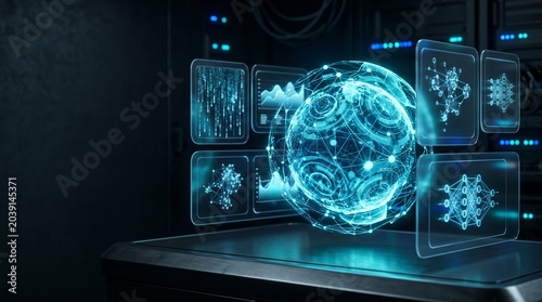 Futuristic digital globe with holographic screens.