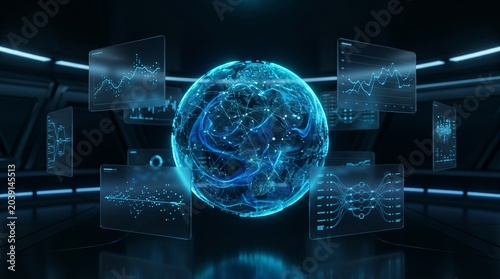 Futuristic glowing blue digital globe technology.