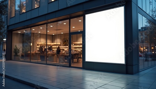 Modern storefront with large blank billboard on the exterior. Shop interior visible through glass windows. Outdoor commercial space with copy area for ads. Evening street scene.
