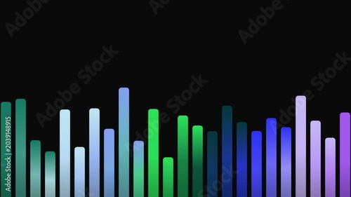 Vibrant spectrum of colorful vertical bars representing sound waves or data visualizations displays dynamic rhythmic patterns against a dark expanse, suggesting audio equalization or digital