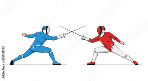 Foto Fencers in blue and red uniforms clash swords in athletic duel