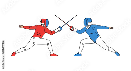 Obraz na płótnie Fencers in action, red and blue suits, crossing swords