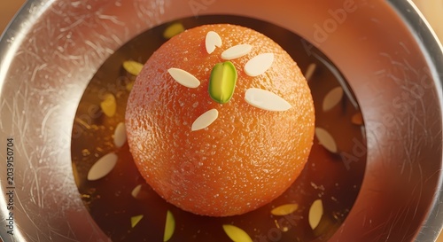 Close up of a vibrant dessert in syrup garnished with nuts in a bowl